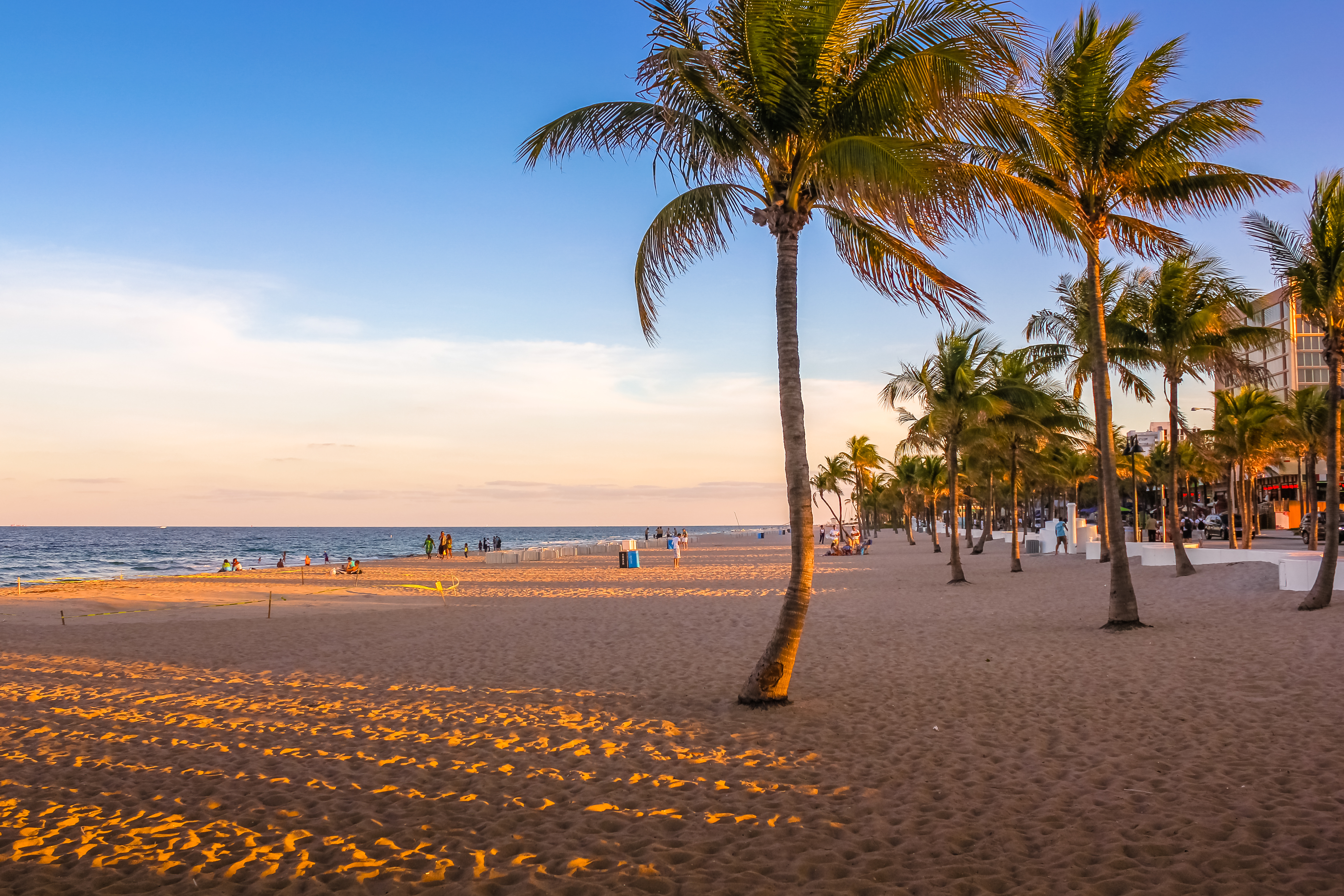 South Beach at sunset, neighborhood of Miami Beach in Florida. South Beach is famous for its tropical sea, the long white beaches and nightlife.